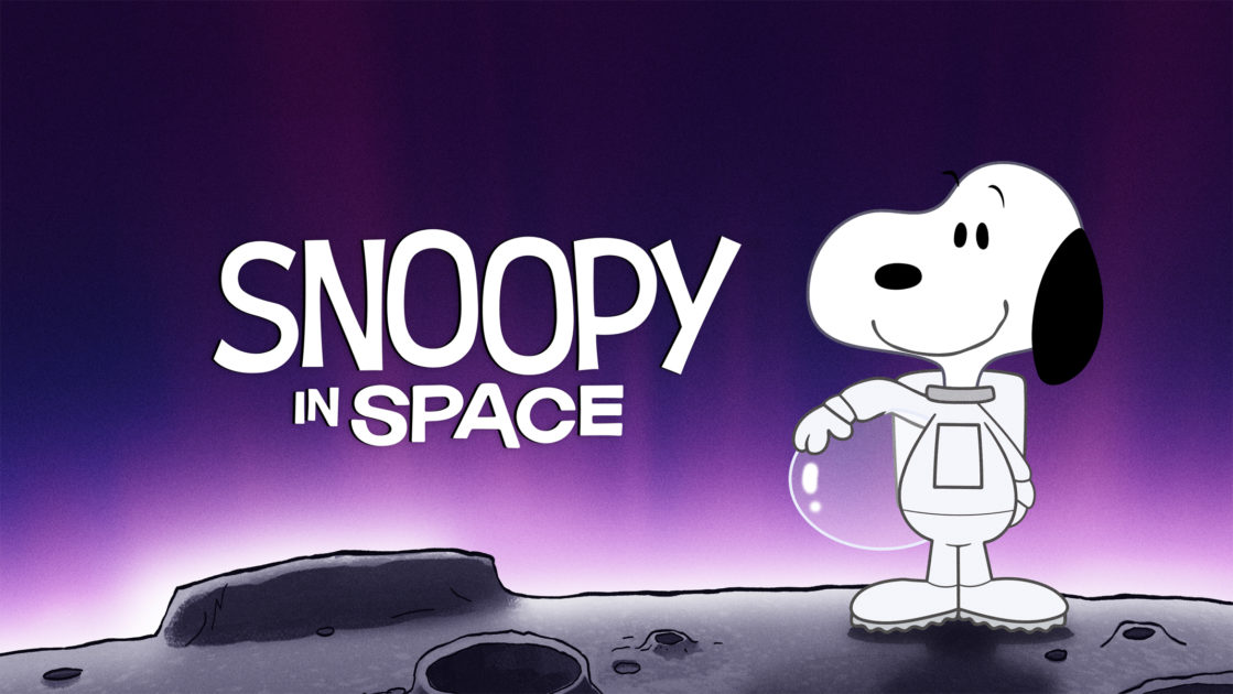 Snoopy in Space series art featuring Snoopy in an astronaut outfit on the moon.