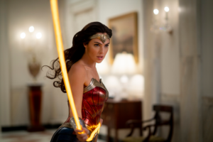 Gal Gadot's WonderWoman in costume with super-powered whip