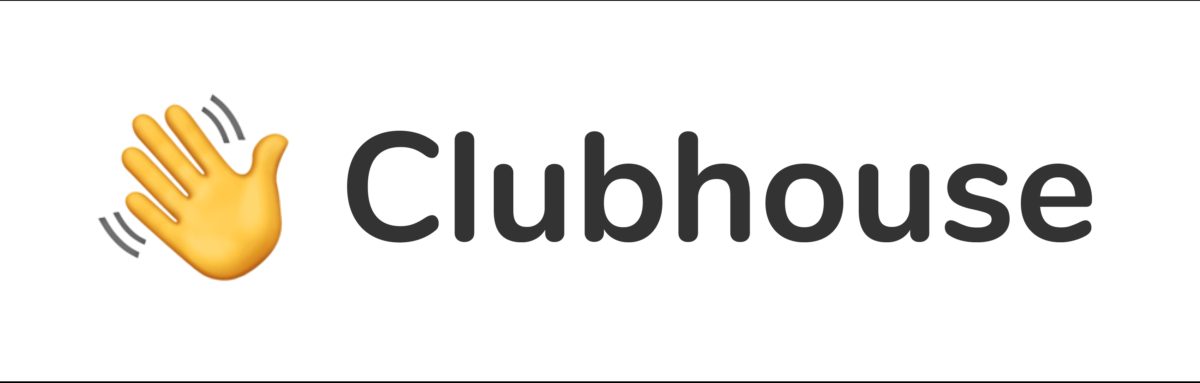Clubhouse app logo — waving hand emoji followed by "Clubhouse" text in sans serif font