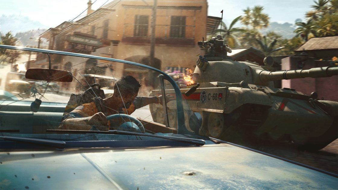 Dani Rojas, the main character of Far Cry 6, is throwing a Molotov cocktail at an army tank.