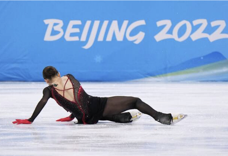 Kamila Valieva falls during her skating routine at the Beijing Olympics.