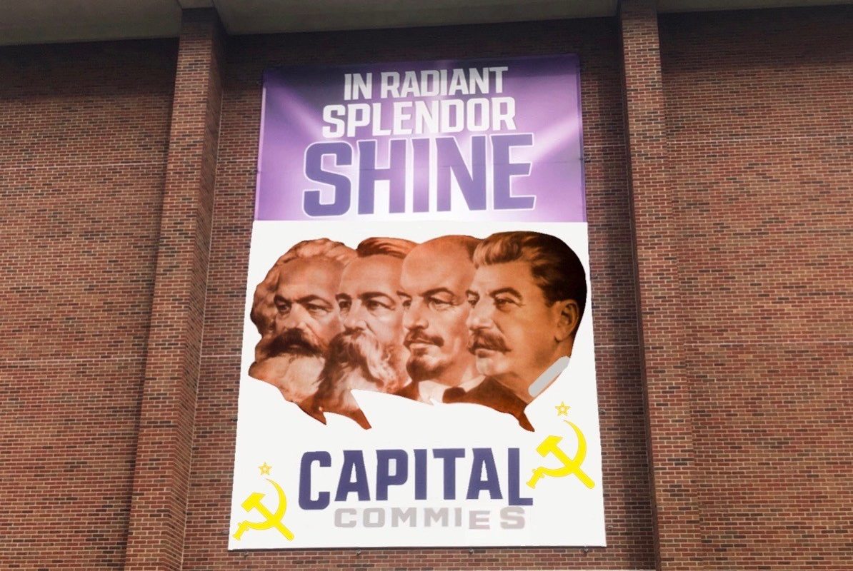A banner that reads 'Capital Commies' is shone.