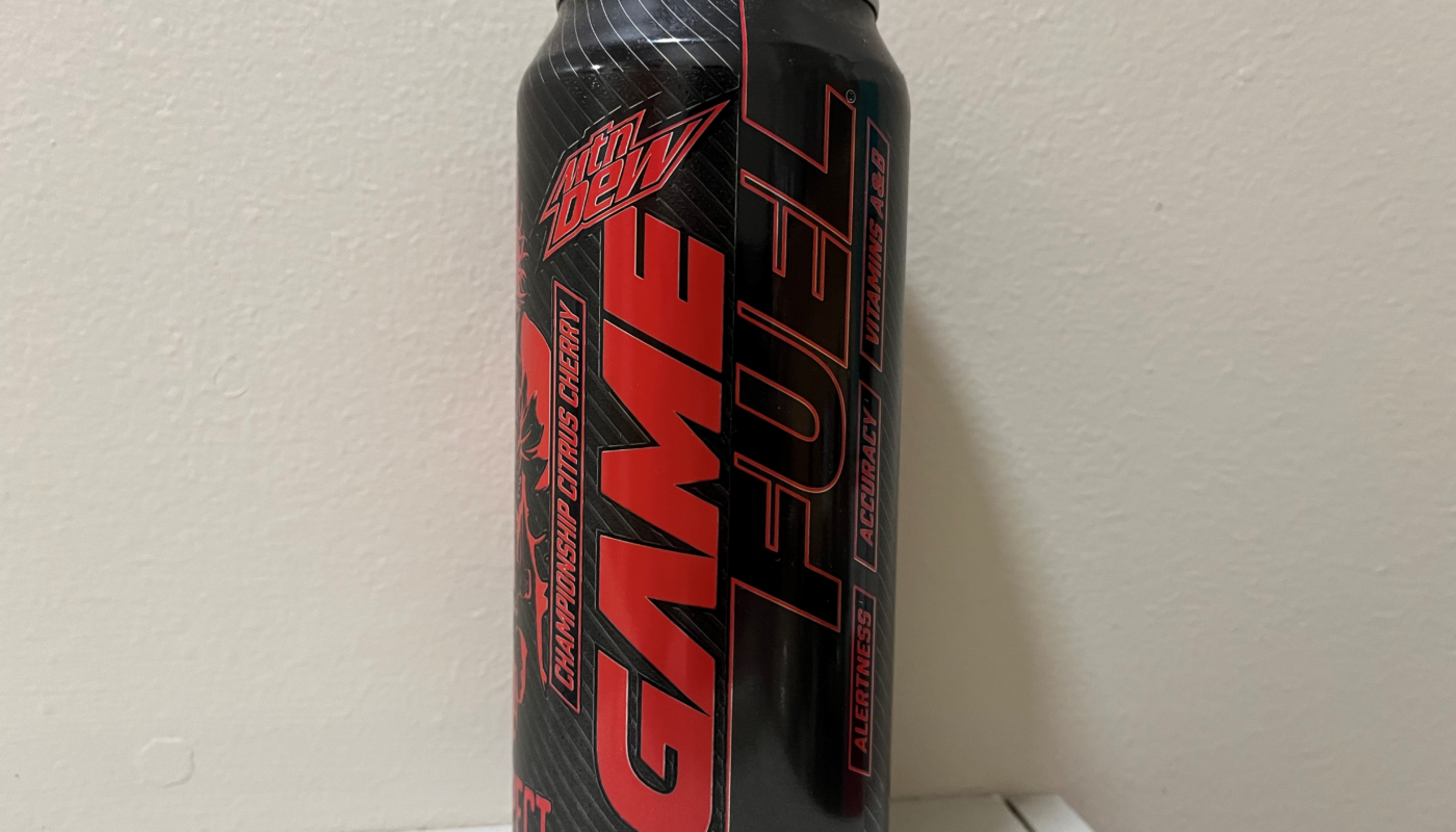A black can of Mtn Dew with red and black lettering saying "Game Fuel"