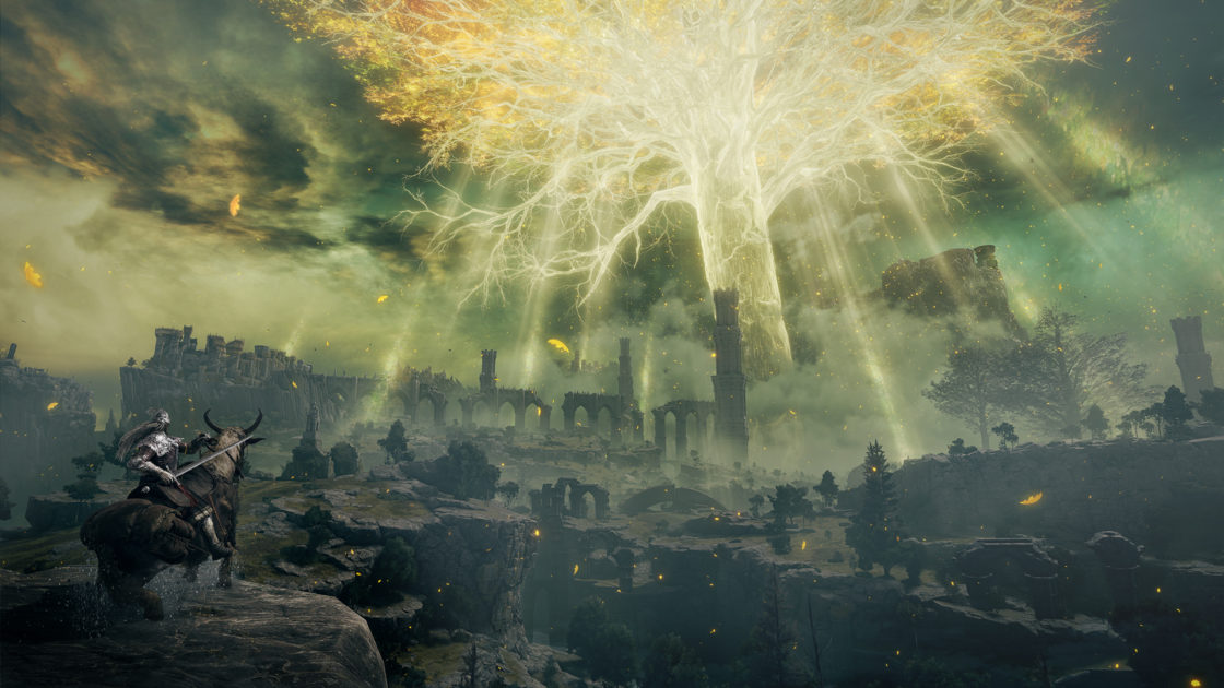 Elden Ring screenshot shows a beautiful florescent tree fills up the sky with a shining glow.