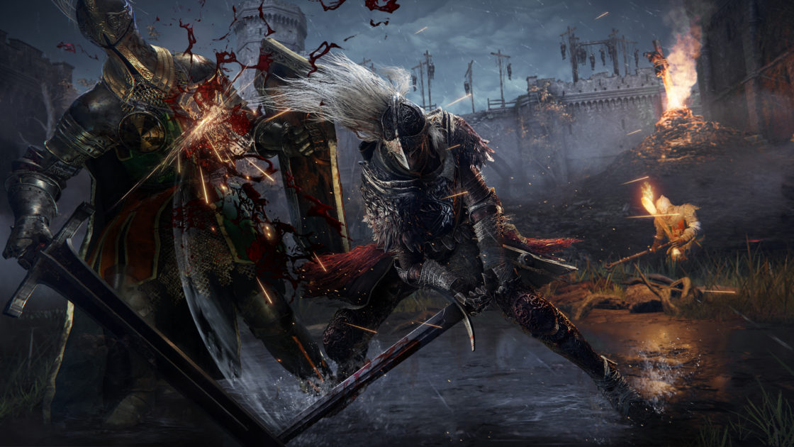 Elden Ring screenshot shows a brutal battle between the player character and undead enemies. 