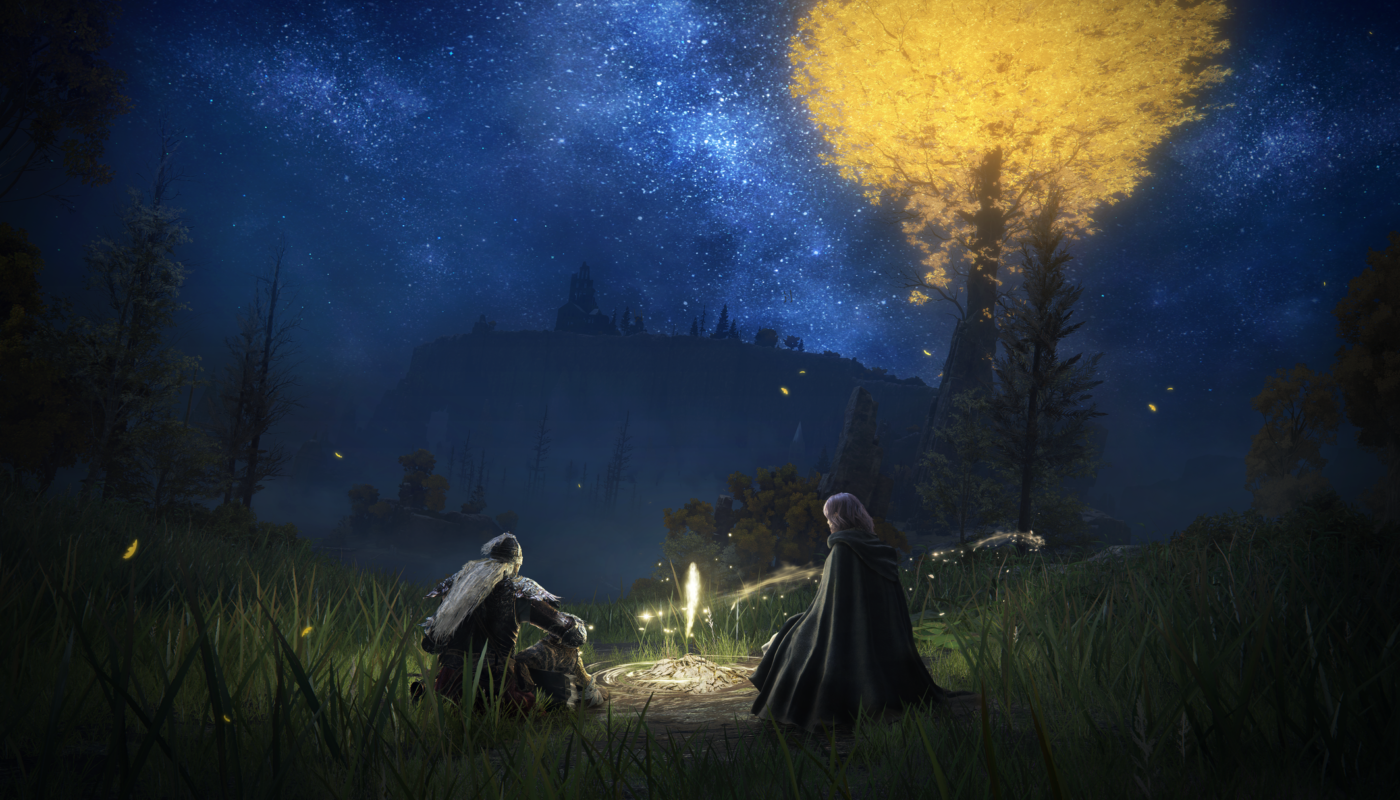 Elden Ring screenshot shows the player character sitting next to a mysterious figure by a campfire.