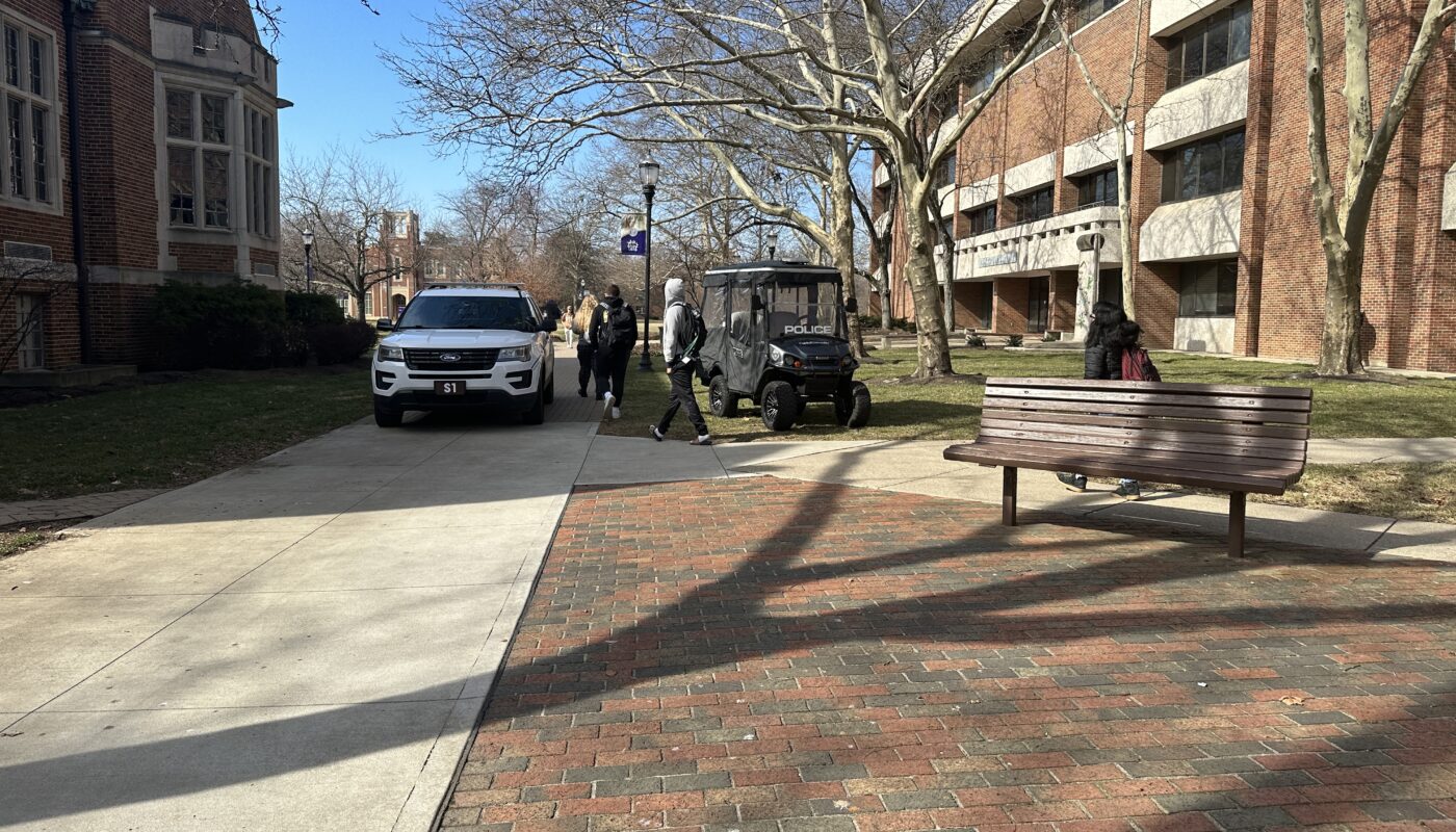Public Safety Police car and cart in front of Battelle after Chief Kunkle apprehended the suspect. Photo by Megan Martinez