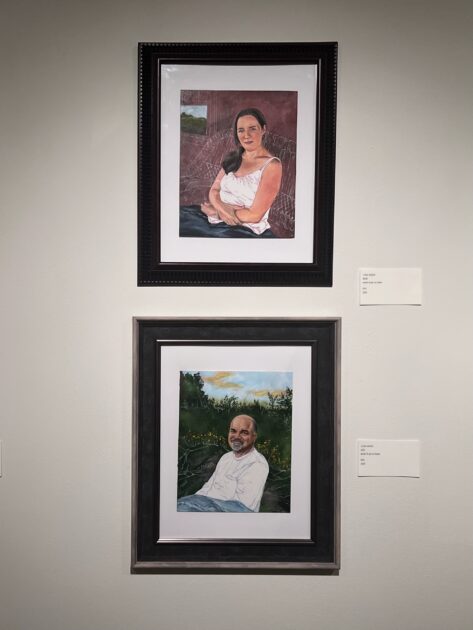 Two portraits titled, "Mom" (top) and "Dad" (bottom), by artist Lydia Wicks.