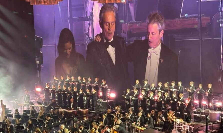 World-renowned opera singer Andrea Bocelli performs with university choir students