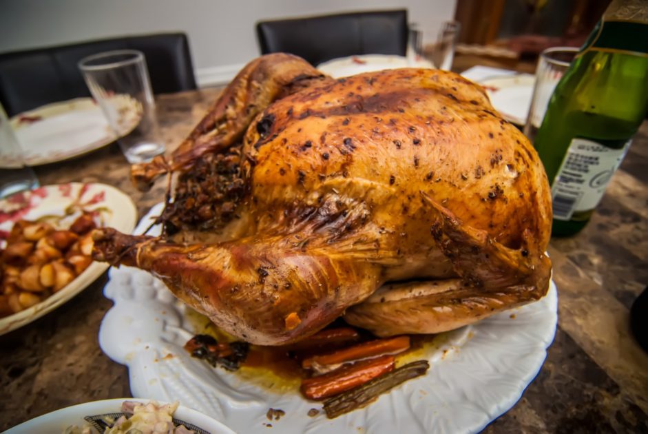 A fully prepared turkey, the most popular dish served on a Thanksgiving table. 